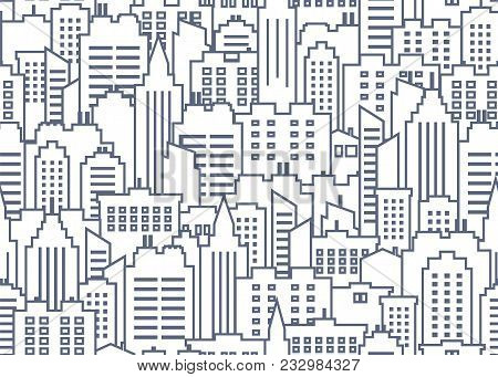 City Scape Seamless Pattern. Thin Line City Background. Downtown Landscape With High Skyscrapers. Pa