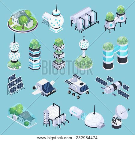 Space Colonization Terraforming Isometric Icons Set With Isolated Images Of Rover Vehicles Satellite