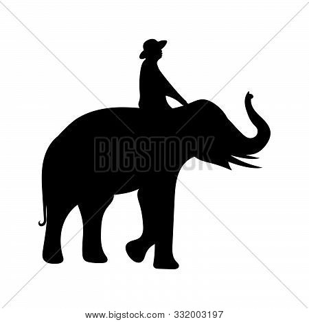 Black Image Baby Elephant Asia With Elephant Mahout Walking, Graphics Design Vector Outline Illustra