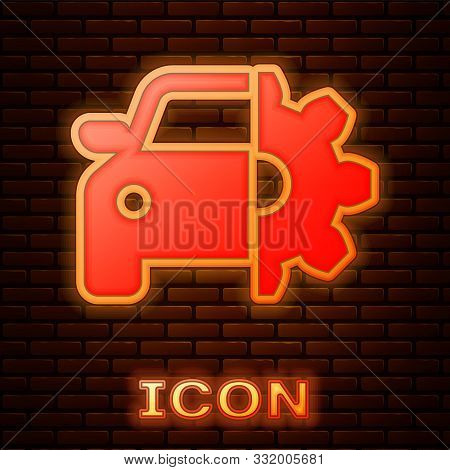 Glowing Neon Car Service Icon Isolated On Brick Wall Background. Auto Mechanic Service. Mechanic Ser