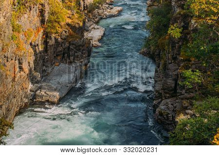 Beautiful View To Fast River In Abisko National Park In The Fall, Sweden