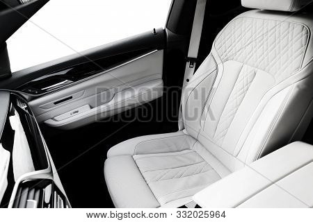 Modern Luxury Car White Leather Interior With Natural Wood Panel. Part Of Leather Car Seat Details W