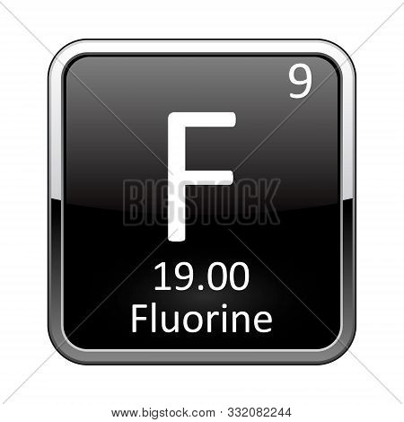 Fluorine Symbol.chemical Element Of The Periodic Table On A Glossy Black Background In A Silver Fram