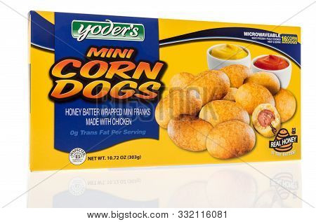 Winneconne, Wi - 27 October 2019: A  Package Of Yoders Mini Corn Dogs On An Isolated Background