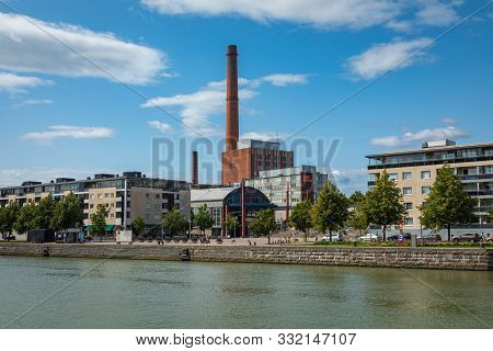 Turku, Finland - August 02, 2019: View To The Aura River In Turku, Finland. Waterfront And Harbour W