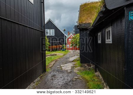 Torshavn, Faroe Islands - July 05, 2019: Old Town Of Capital City Of Torshavn. Typical Houses With P