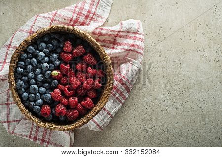 Berries Overhead Closeup Colorful Assorted Mix Of Blueberry And Raspberry