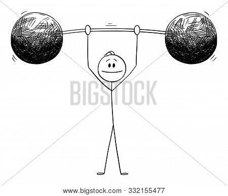 Vector Cartoon Stick Figure Drawing Conceptual Illustration Of Man Or Businessman Lifting Heavy Weig