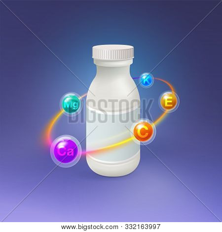 Realistic Vitamin Plastic Bottle With A Multicolored Light Circle Surrounded By Essential Vitamins A