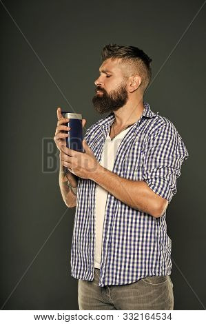 Hair Care And Skincare. Handsome Bearded Guy Recommend Shower Gel Liquid Soap Product. Personal Hygi
