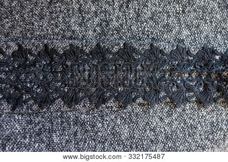 Grey Melange Woolen Fabric With Horizontal Stripe Of Black Lace