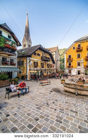 Hallstatt, Austria - July, 2019: Town Square In Hallstatt, Austria. Hallstatt Is Historical Village