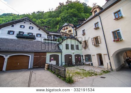Hallstatt, Austria - July, 2019: Town Square In Hallstatt, Austria. Hallstatt Is Historical Village