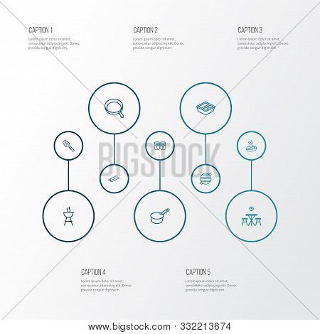 Cook Icons Line Style Set With Tin Foil, Bbq Spatula, Hot Meal And Other Barbecue Tool Elements. Iso