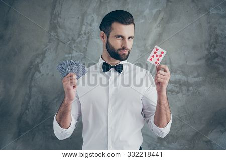 Photo Of Smart Clever Card Player Showing You Focuses By Demonstrating Different Card Suits Isolated