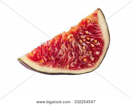 Slice Of A Purple Fig Isolated On White Background With Copy Space. Soft, Sweet Fruit, Skin Is Thin,