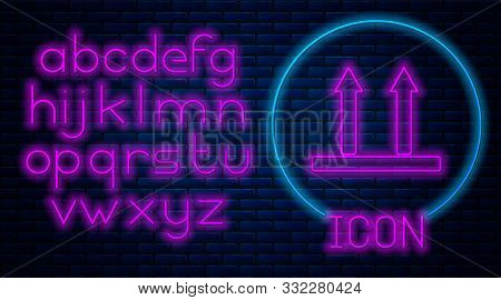 Glowing Neon This Side Up Icon Isolated On Brick Wall Background. Two Arrows Indicating Top Side Of 