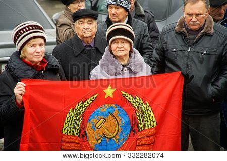 Participants In A Street Political Gathering In Honor Of The Anniversary Of The Communist Revolution