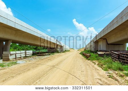 Unfinished Of Construction Of The Large Concrete Bridge Of The Motorway Elevation For The Developmen