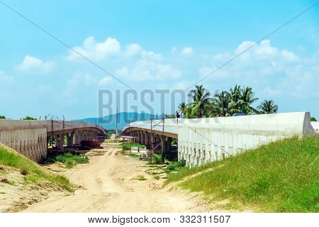 Unfinished Of Construction Of The Large Concrete Bridge Of The Motorway Elevation For The Developmen