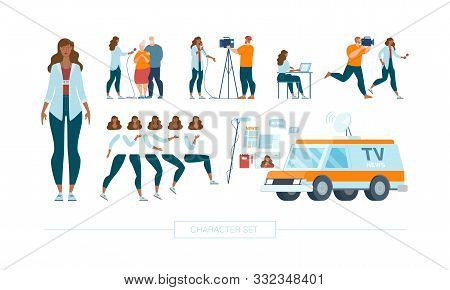Female Journalist Character Constructor Isolated, Trendy Flat Design Elements Set. Television Report