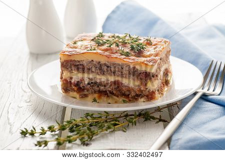 Lasagna With Zucchini. A Hot Dish Of Chopped Meat And Vegetables With A Thick Sauce And Cheese. Keto