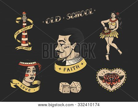 Set Of Vintage Old School Tattoo. Characters Playing Cards, Hawaiian Hula Dancer Woman, Lips And Lig