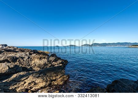 Mediterranean Sea In The Gulf Of La Spezia With The Portovenere Or Porto Venere Town And The Palmari