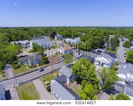 Aerial View Of Medway Historic Town Center, St. Joseph`s Parish Church And Village Street In Summer,