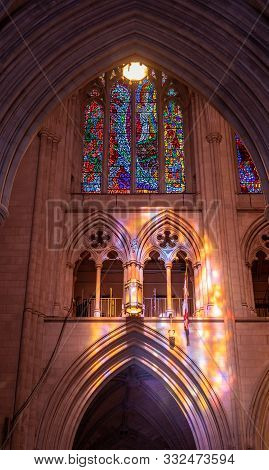 Washington, Dc - 4 November 2019: Sunbeams From The Stained Glass Windows Of National Cathedral In W