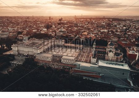 Royal Palace aerial view at sunrise in Madrid, Spain.
