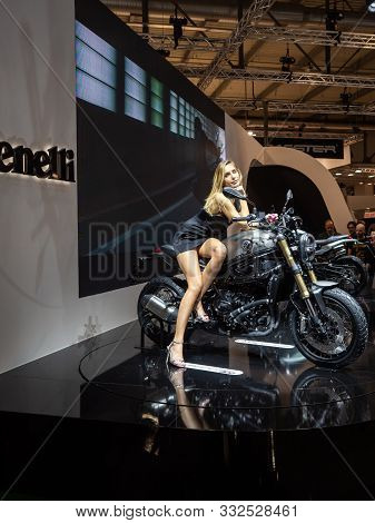 Rho Fieramilano, Milan Italy - November 07, 2019 Eicma Expo. Benelli Leoncino 800 Ehibit With A Mode