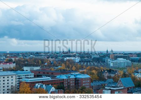 Aerial View Of Helsinki Center At Autumn Cloudy Evening.