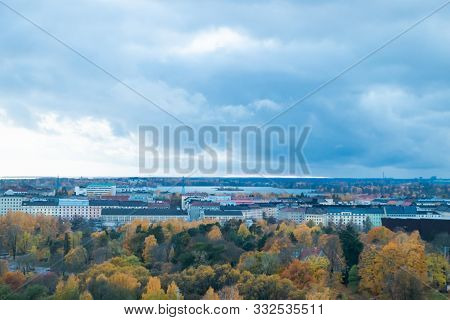Aerial View Of Helsinki Center At Autumn Cloudy Evening.