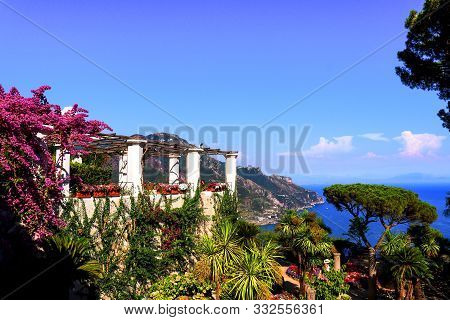 Picturesque View On See And Mountains From Villa Rufolo Garden In Ravello. Summer Landscape, South I