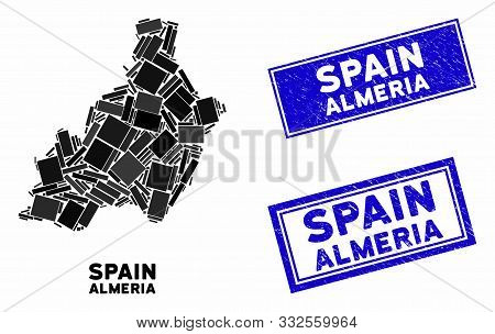 Mosaic Almeria Province Map And Rectangular Seal Stamps. Flat Vector Almeria Province Map Mosaic Of 