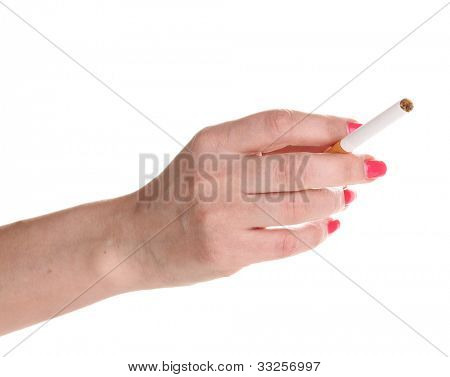 Cigarro na mão feminino isolateed branco