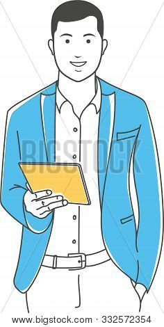 Positive Programmer Outline Stock Vector Illustration. Happy Businessman Holding Tablet Computer Whi
