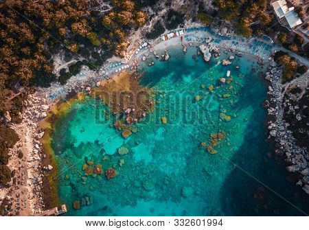 Anthony Quinn Bay. The Most Beautiful Beach At Rhodes Island. Birds Eye View From Above, Rocks, Clea