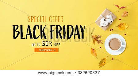Black Friday Banner With Autumn Theme With Coffee And Gift Box