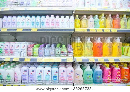 Kajang, Malaysia - 28 May 2019: Shelves With Variety Of Hair And Bodycare Products For Baby Display 