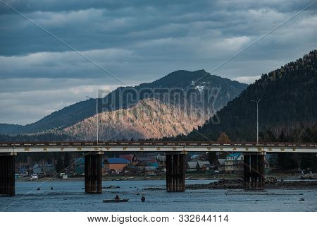 Teletsky Mountain Lake In Altay With Blue Autumn Sky