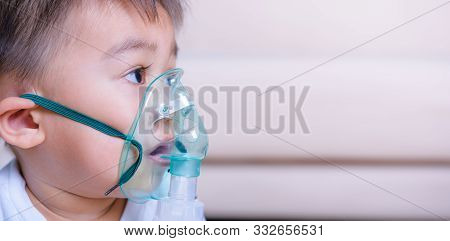 Closeup Asian Face Little Children Boy Sick He Using Steam Inhaler Nebulizer Mask Inhalation Oneself