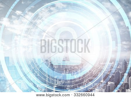 Global Cybersecurity Mixed Media With Virtual Locking Padlock On Cityscape Background. Data Cryptogr