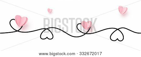 Continuous Line Heart Shape Border With Realistic Paper Heart On White Background For Valentines, Wo
