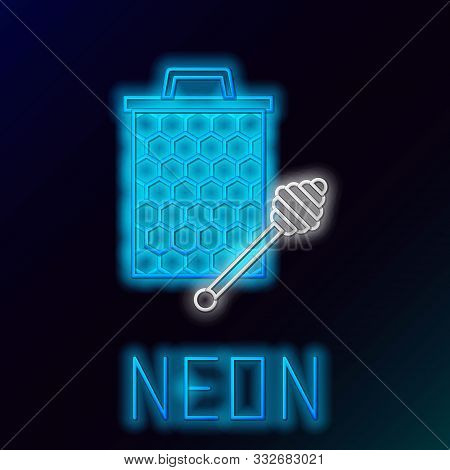 Blue Glowing Neon Line Honeycomb With Honey Dipper Stickicon Isolated On Black Background. Honey Lad