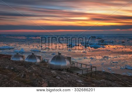 Sunset Over Disko Bay, Greenland. It Is The Largest Open Bay In Western Greenland, Measuring 150 Km 
