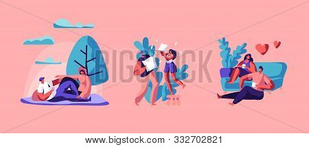 Loving Couple Spare Time Set. Happy Man And Woman Spending Weekend Together Fighting On Pillows, Dri