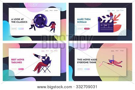 Film Scene Shooting Process With Staff And Equipment Website Landing Page. Director With Megaphone, 