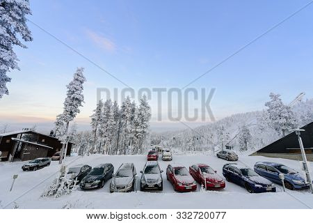 Editorial: Rukatunturi, Finland, 28th December 2018. Car Park Of Rukatunturi Ski Jumping Hill At Ruk